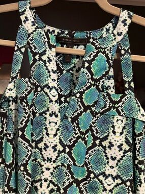 BCBGMaxAzria Teal and Black Snake-Print Cold-Shoulder Top
